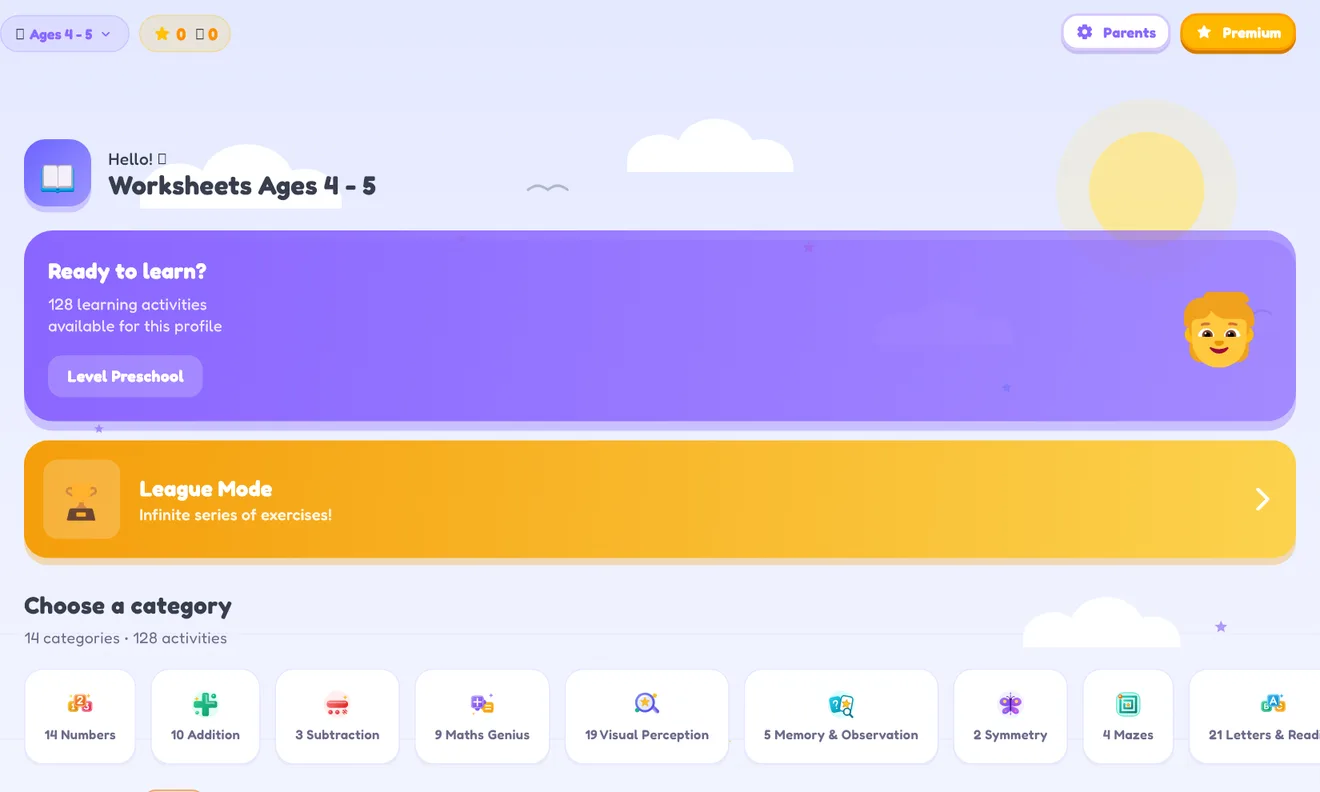 The Noutajy app home screen: League Mode and the game categories