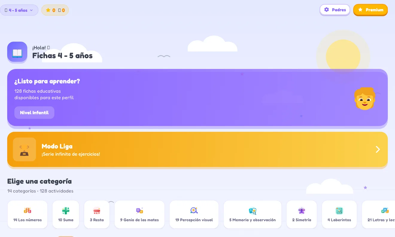 La pantalla de inicio de la app Noutajy: el Modo Liga y las categorías de juegos
