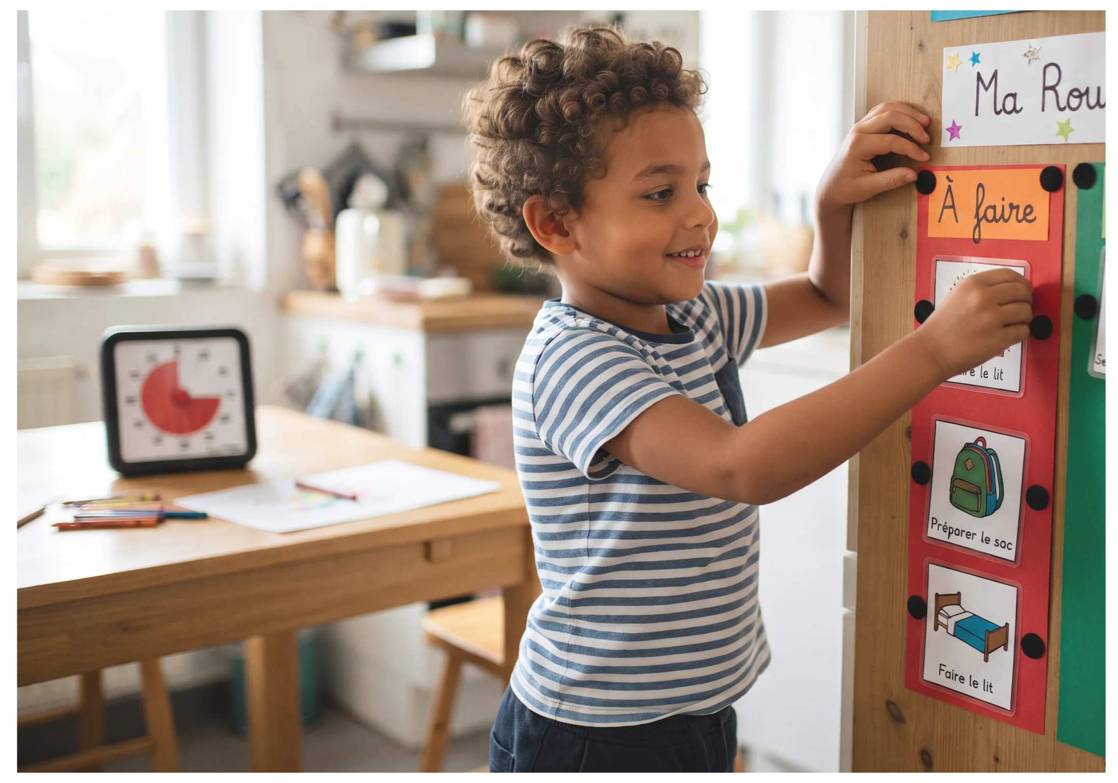 Un enfant souriant place une carte « Faire le lit » sur son tableau de routine.