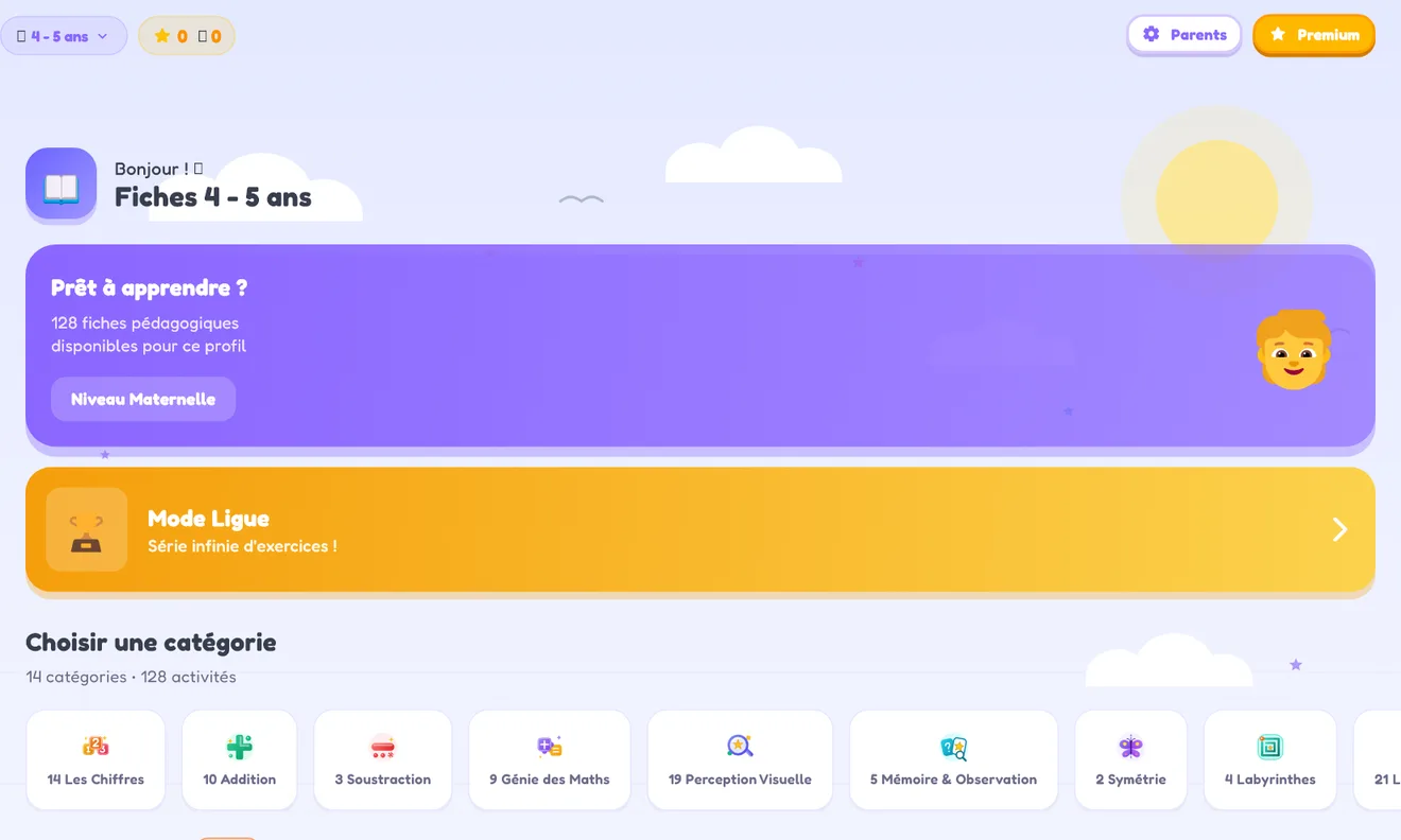 L'écran d'accueil de l'application Noutajy : le Mode Ligue et les catégories de jeux